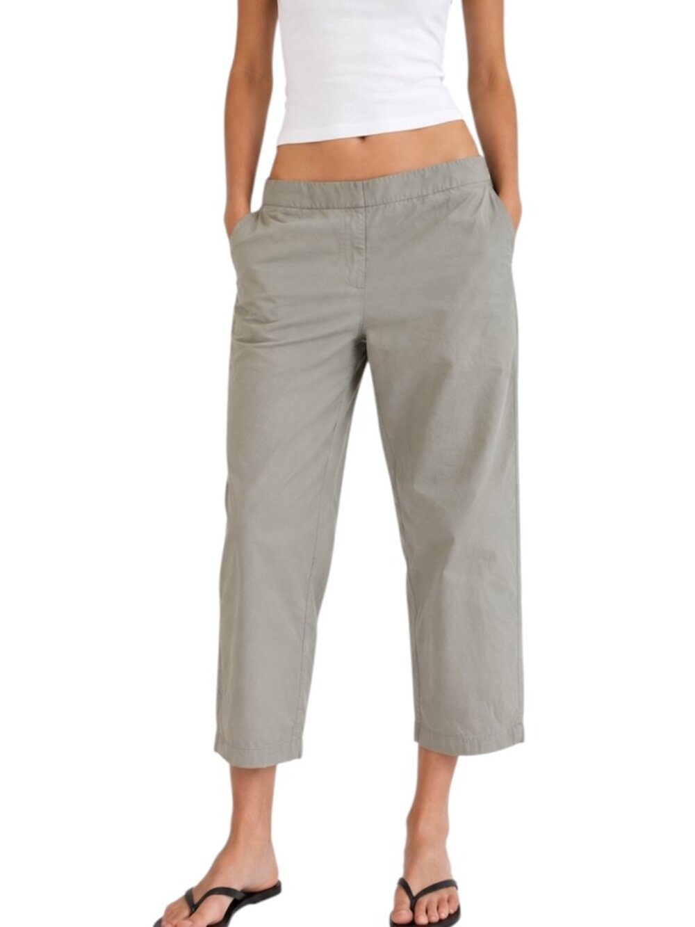 Size L  34" waist Eileen Fisher Sage Green Cropped Pants Orange Trim 